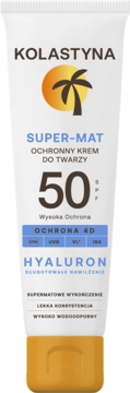 Biała tubka matującego kremu Kolastyna SPF 50 z hialuronem, ochrona 4D, pomarańczowa zakrętka, widok z przodu.