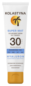 Biała tubka kremu Kolastyna Super-Mat SPF 30 do twarzy z palmą, widok z przodu, pomarańczowa nakrętka.