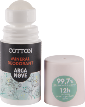 Mineralny dezodorant roll-on Arganove Cotton, biała butelka z etykietą, obok nakrętka 99,7% naturalnych.