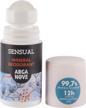 Biały roll-on Mineral Deodorant Arganove Sensual. Obok biała nakrętka z info o 99,7% nat. składników.