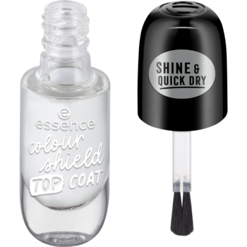 Essence Colour Shield Top Coat do paznokci, przezroczysta butelka z odkręconą czarną nakrętką i pędzelkiem.