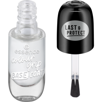 Baza do paznokci Essence Colour Grip Base Coat, przezroczysta, utrwalająca kolor, z otwartym pędzelkiem.
