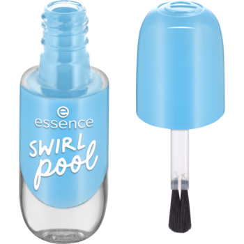 Jasnobłękitny żelowy lakier Essence Gel Nail Colour Swirl Pool nr 42: zamknięta butelka i obok szeroki pędzel.