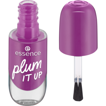Lakier do paznokci Essence Gel Nail Colour Plum It Up w fioletowej butelce, obok fioletowy pędzelek.