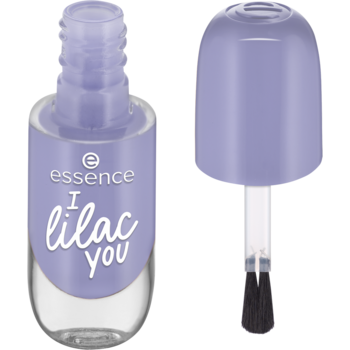 Pastelowy lakier Essence Gel Nail Colour I Lilac You, butelka obok otwartej nakrętki z pędzelkiem.
