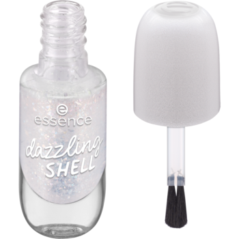 Przezroczysty lakier Essence Dazzling Shell z brokatem i szerokim pędzlem, widok z boku z otwartą butelką.