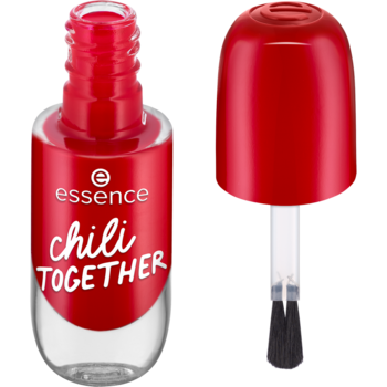 Otwarty czerwony lakier Essence Gel Nail Colour Chili Together, z szerokim pędzelkiem gotowym do użycia.