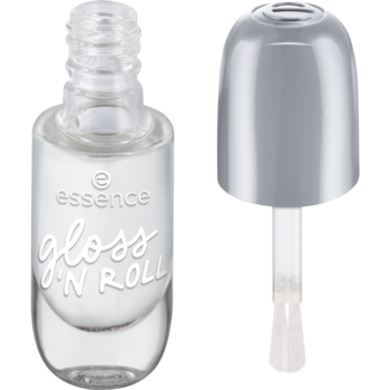 Essence Gel Nail Colour 01 Gloss N' ROLL, przezroczysty lakier do paznokci. Odkręcona srebrna nakrętka obok butelki.