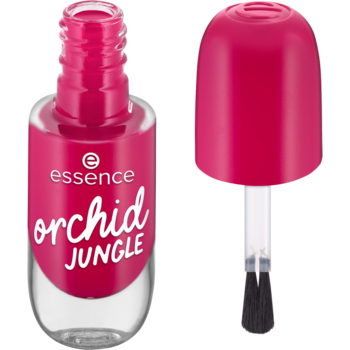 Essence Gel Nail Colour Orchid Jungle, różowo-fioletowy lakier w szklanej butelce, obok szeroki pędzel.