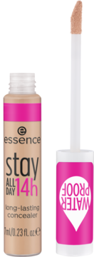 Essence Stay All Day 14h beżowy korektor wodoodporny, otwarty z aplikatorem z produktem.