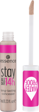 Korektor Essence Stay All Day 14h, beżowy, wodoodporny, z butelki wystaje aplikator z różowym logo.