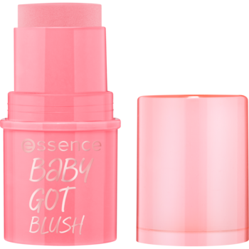 Otwarty róż w sztyfcie Essence Baby Got Blush, odcień Tickle Me Pink, z różową kremową formułą.