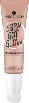 Essence Baby Got Glow rozświetlacz w płynie Sassy in Silk, jasnobeżowa tubka, biała zakrętka, widok z przodu.
