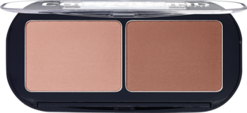 Essence Contouring Duo nr 10: otwarta paleta z beżowym i brązowym bronzerem o matowym wykończeniu.