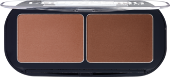 Otwarta paleta Essence Contouring Duo Palette nr 20 darker skin z dwoma matowymi bronzerami, jasnym i ciemnym brązem.