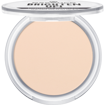 Otwarty puder matujący Essence Brighten Up!, o jasnym, subtelnie żółtym odcieniu, w białym okrągłym kompakcie.