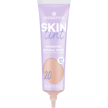 Fioletowa tubka nawilżającego podkładu Essence Skin Tint z SPF 30, nr 20, widok z przodu.