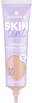 Essence SKIN tint SPF 30, odcień 30, nawilżający podkład w fioletowej tubce z beżową próbką, widok z przodu.