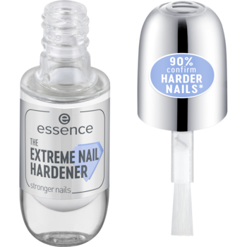 Essence Extreme Nail Hardener, przezroczysta butelka z białym napisem; obok srebrna nakrętka z informacją 90% twardszych paznokci.