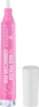 Różowy pisak Essence The Nail Polish Corrector Pen z widoczną białą końcówką i leżącą obok nakładką.