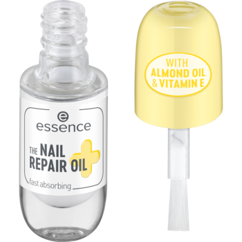 Przejrzysta butelka Essence The Nail Repair Oil, z żółtą nakrętką obok, widocznym aplikatorem i napisem 'ALMOND OIL & VITAMIN E'.