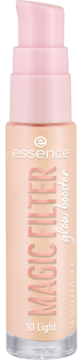 Essence Magic Filter Glow Booster 10 Light, beżowy podkład rozświetlający w butelce z różową pompką, widok przodem.