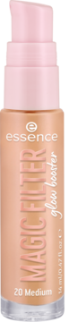 Beżowy podkład rozświetlający Essence Magic Filter Glow Booster, butelka z różową pompką, 20 Medium, widok z przodu.