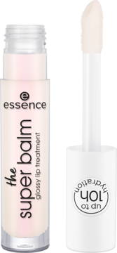 Essence The Super Balm, jasnoróżowy balsam do ust z aplikatorem, napis '10h hydration', widok z boku.