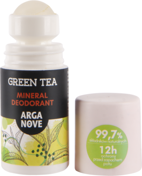 Dezodorant roll-on Arganove Green Tea Mineral, biała butelka z zieloną etykietą, obok zdjęta nakrętka z napisem 12h.