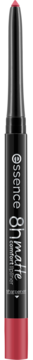 Essence 8h Matte Comfort kredka do ust w kolorze Classic Red. Czarna, matowa oprawa z białym logo, widok z przodu.