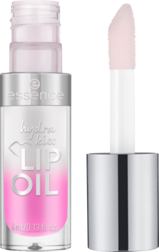 Odżywczy olejek do ust Essence Hydra Kiss z aplikatorem. Widok butelki i pędzla z różowym płynem, lśniące wykończenie.