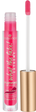 Błyszczyk Essence What the fake! Plumping Lip Filler, różowy flakon z wyjętym aplikatorem. Z chili i kwasem hialuronowym.