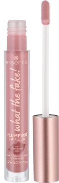 Jasnoróżowy błyszczyk Essence What the fake! plumping lip filler z otwartym aplikatorem, widok z przodu.