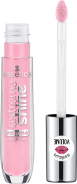 Różowy błyszczyk Essence Extreme Shine Volume z wysuniętym aplikatorem, widoczny tekst i srebrna zakrętka.