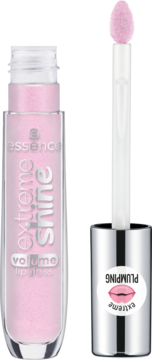 Jasnoróżowy, błyszczący błyszczyk Essence Extreme Shine Volume, widok tubki i aplikatora 'plumping'.