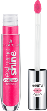 Essence Extreme Shine volume lipgloss w intensywnym różowym kolorze z brokatem, widok otwartego opakowania z aplikatorem.