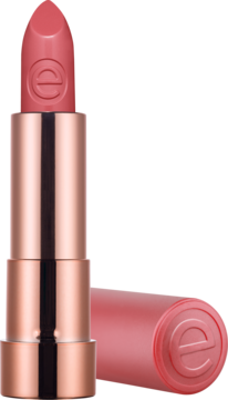 Otwarta szminka Essence Hydrating Nude 303 Delicate w różowo-złotej tubie, obok leży matowa skuwka.