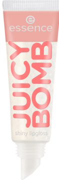 Błyszczyk Essence Juicy Bomb Lovely Litchi, shiny lipgloss w przezroczystej tubce, z różowymi napisami.