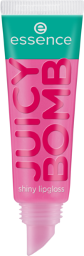 Essence Juicy Bomb shiny lipgloss w różowej tubce z turkusowym wieczkiem, widok z przodu, otwarty aplikator.