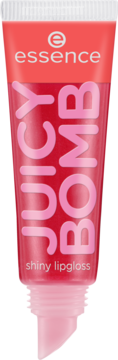 Błyszczyk Essence Juicy Bomb Shiny Lipgloss w przezroczystej tubce z różowo-czerwonym wieczkiem, widok z przodu.