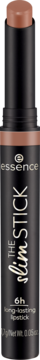 Essence The Slim Stick pomadka Choc-o-holic, ciepły nudny beż, matowe wykończenie, wysunięta, widok z przodu.