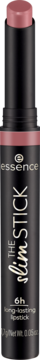 Pionowy widok: Essence The Slim Stick 104 Baby Got Blush. Jasnoróżowa, matowa pomadka w smukłym, czarnym opakowaniu.