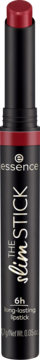 Czerwona, trwała pomadka Essence The Slim Stick w smukłym, czarnym opakowaniu, widok z przodu.
