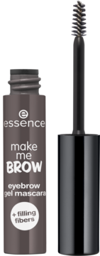 Essence Make Me Brow żel do brwi 04 ashy, brązowa tubka, wysunięta szczoteczka, napis '+ filling fibers'.