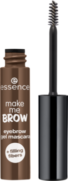 Essence Make Me Brow żel do brwi z fiberami, brązowa butelka otwarta z czarnym aplikatorem obok, widok z przodu.