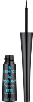 Black Essence waterproof dip eyeliner bottle, open, with applicator, showcasing 24h long-lasting text.