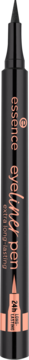 Czarny eyeliner Essence w pisaku 24h, z precyzyjną końcówką i różowo-złotymi detalami, widok z przodu.
