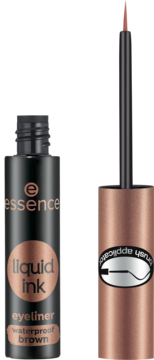 Essence Liquid Ink wodoodporny brązowy eyeliner, butelka z otwartym precyzyjnym aplikatorem.