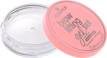 Otwarty Essence Brow Lifting Gel Set: przezroczysty żel do brwi w okrągłym słoiczku z różową pokrywką i pędzelkiem.