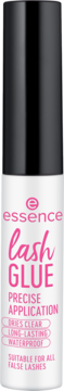 Biały, wodoodporny klej do rzęs Essence Lash Glue z różowym napisem i czarną nakrętką, precyzyjna aplikacja.